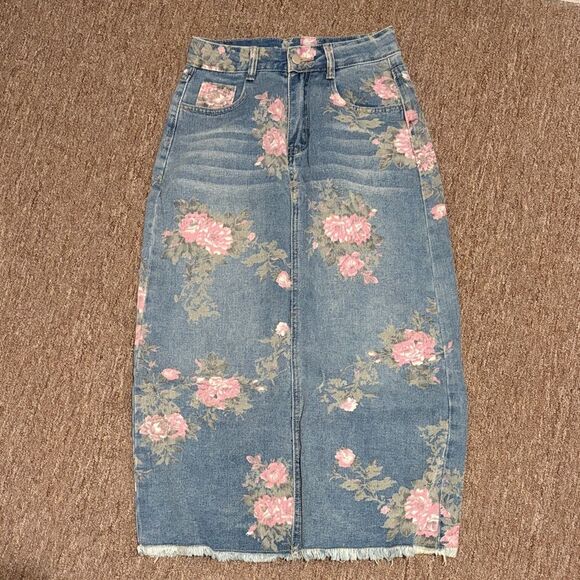 Dresses & Skirts - Floral Print Denim Skirt